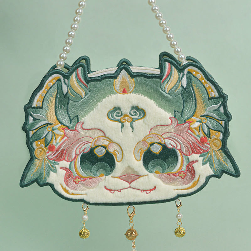 Buddha Stones Double-sided Mythical Beast Bai Ze Embroidery Pearl Chain Tassel Shoulder Bag Crossbody Bag - Green Double-sided Bai Ze Embroidery 25*17*7cm - image 0