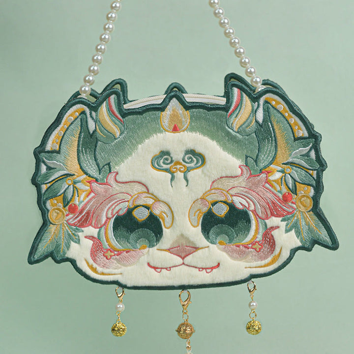 Buddha Stones Double-sided Mythical Beast Bai Ze Embroidery Pearl Chain Tassel Shoulder Bag Crossbody Bag - Green Double-sided Bai Ze Embroidery 25*17*7cm - image 0