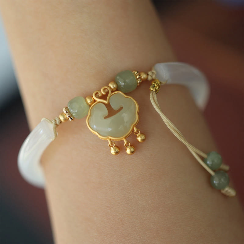 Buddha Stones Chalcedony Hetian Jade 925 Sterling Silver Auspicious Cloud Ruyi Lock Harmony Cuff Half Bracelet Bangle - Chalcedony Hetian Jade 925 Silver(Adjustable) - image 0