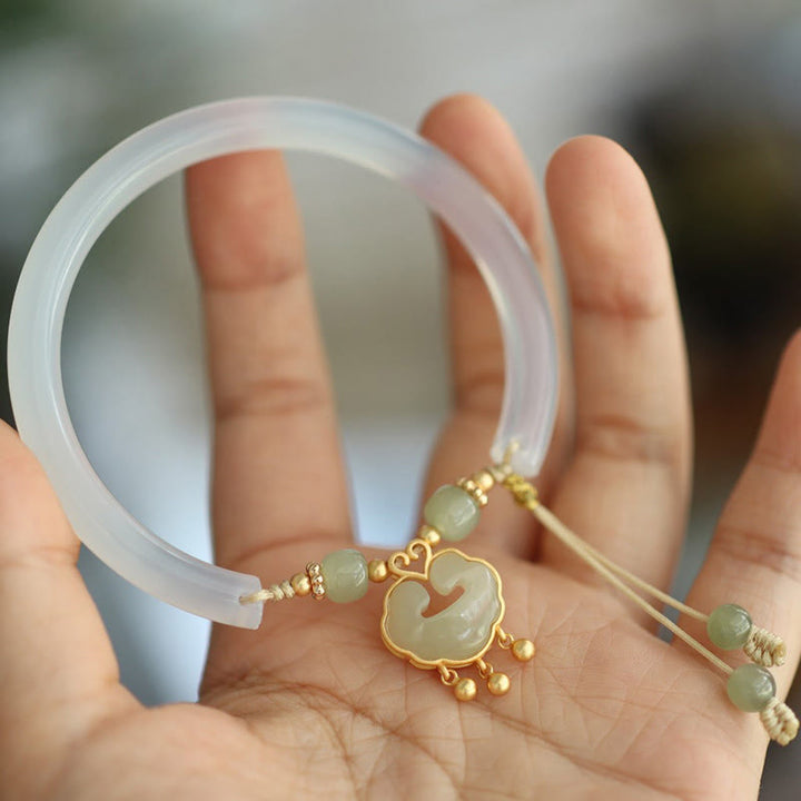 Buddha Stones Chalcedony Hetian Jade 925 Sterling Silver Auspicious Cloud Ruyi Lock Harmony Cuff Half Bracelet Bangle - image 8