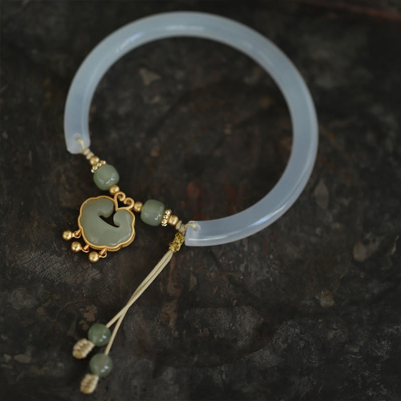 Buddha Stones Chalcedony Hetian Jade 925 Sterling Silver Auspicious Cloud Ruyi Lock Harmony Cuff Half Bracelet Bangle - image 4