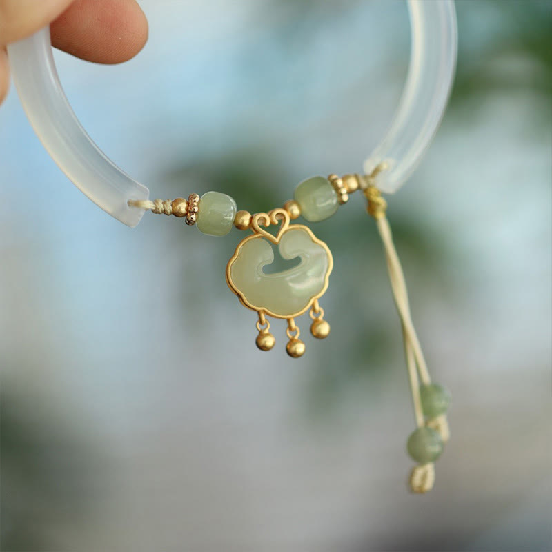 Buddha Stones Chalcedony Hetian Jade 925 Sterling Silver Auspicious Cloud Ruyi Lock Harmony Cuff Half Bracelet Bangle - image 3