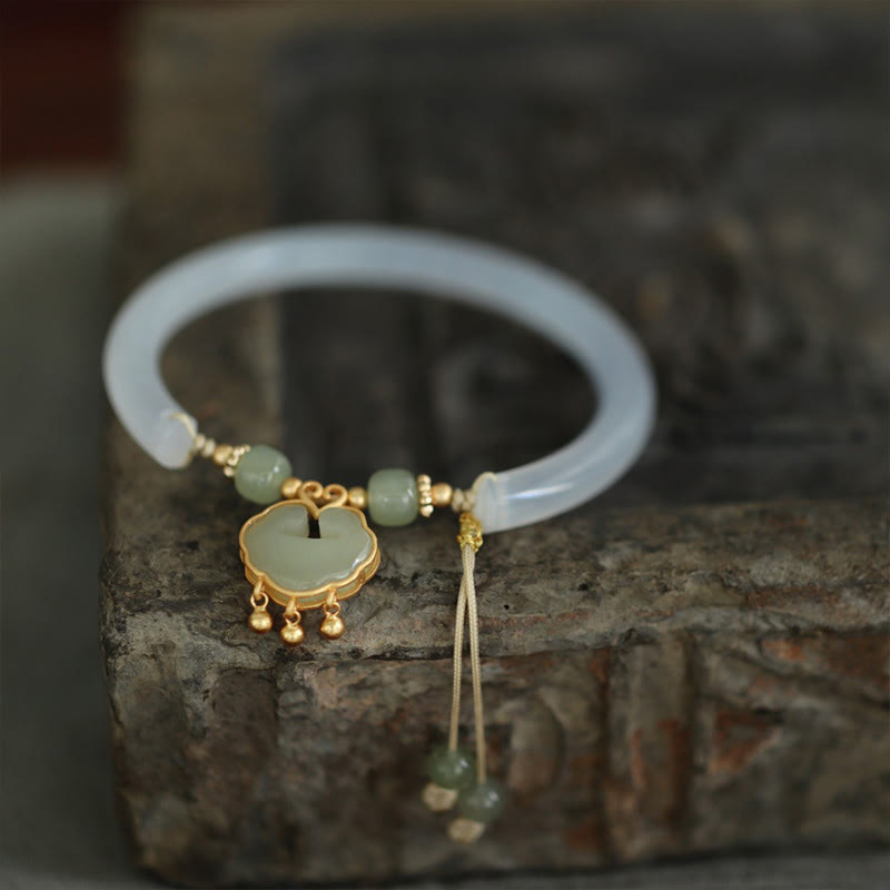 Buddha Stones Chalcedony Hetian Jade 925 Sterling Silver Auspicious Cloud Ruyi Lock Harmony Cuff Half Bracelet Bangle - image 1