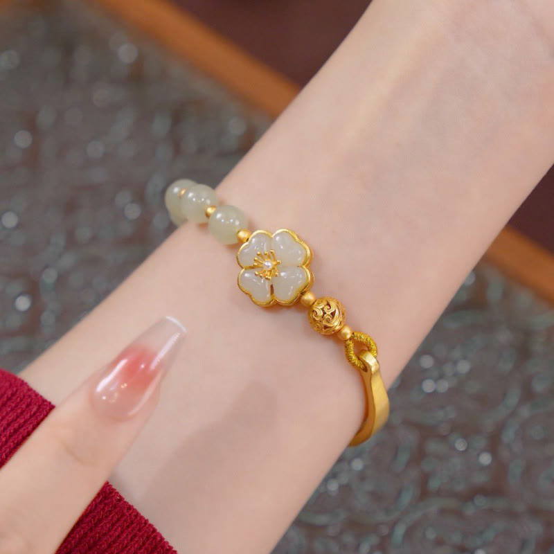Buddha Stones Hetian Jade 925 Sterling Silver Flower Luck Cuff Half Bracelet Bangle - image 1