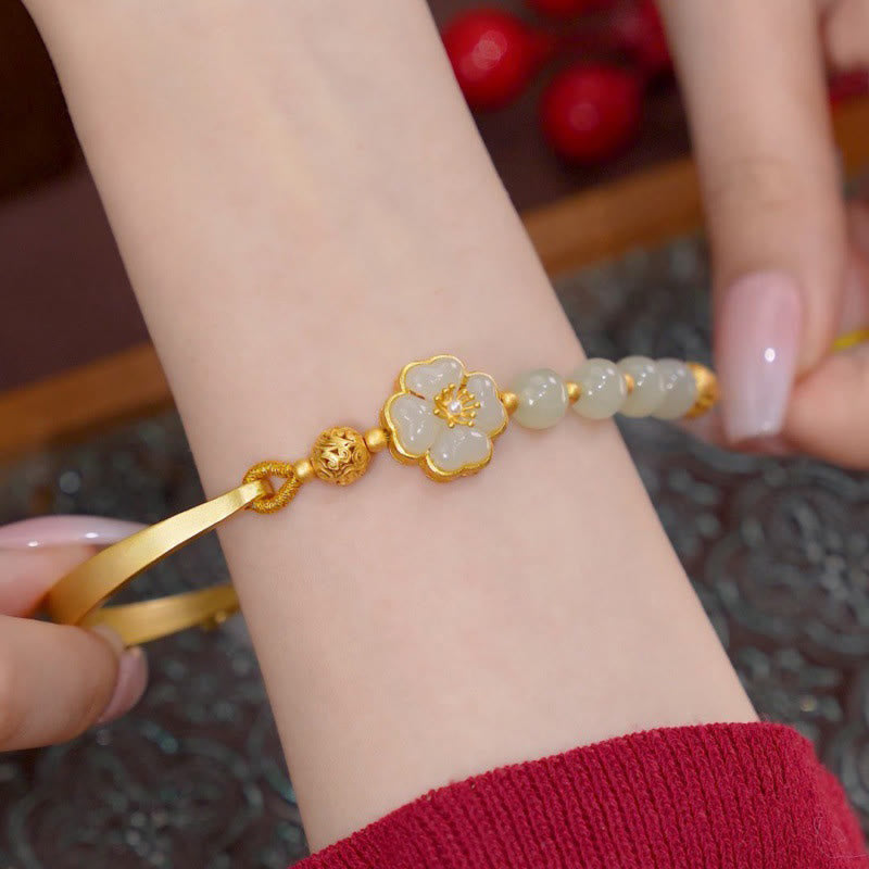 Buddha Stones Hetian Jade 925 Sterling Silver Flower Luck Cuff Half Bracelet Bangle - image 2