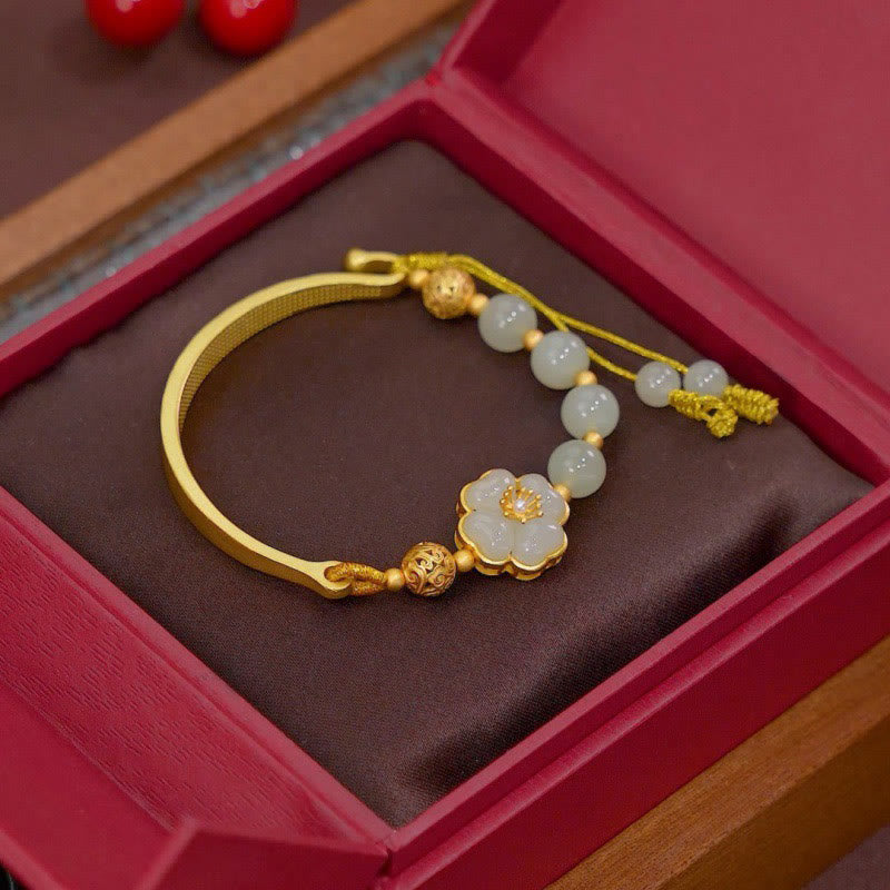 Buddha Stones Hetian Jade 925 Sterling Silver Flower Luck Cuff Half Bracelet Bangle - Hetian Jade 925 Sterling Silver(Adjustable) - image 0