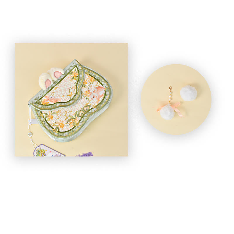 Buddha Stones Osmanthus Rabbit Embroidery Pearl Chain Furball Tassel Shoulder Bag Crossbody Bag - PaleGreen Osmanthus Rabbit Furball 25*18*4cm - image 11