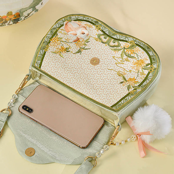 Buddha Stones Osmanthus Rabbit Embroidery Pearl Chain Furball Tassel Shoulder Bag Crossbody Bag - image 5