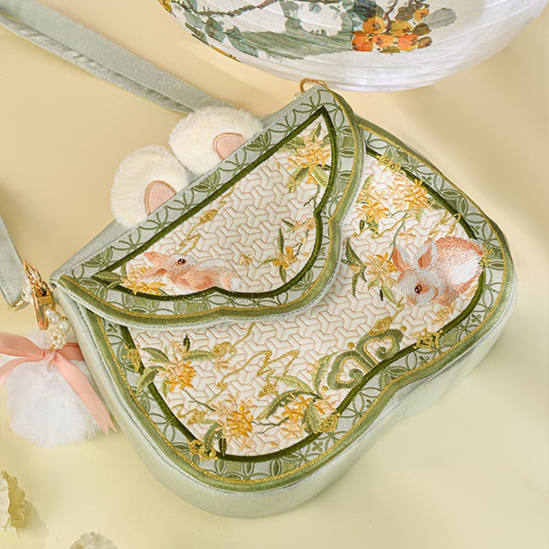 Buddha Stones Osmanthus Rabbit Embroidery Pearl Chain Furball Tassel Shoulder Bag Crossbody Bag - image 3