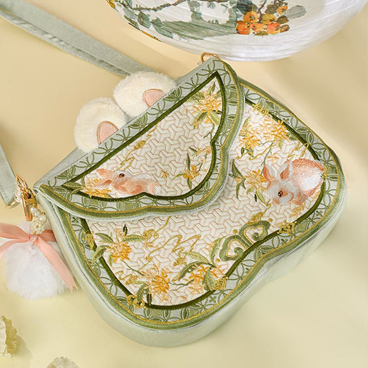 Buddha Stones Osmanthus Rabbit Embroidery Pearl Chain Furball Tassel Shoulder Bag Crossbody Bag - image 3