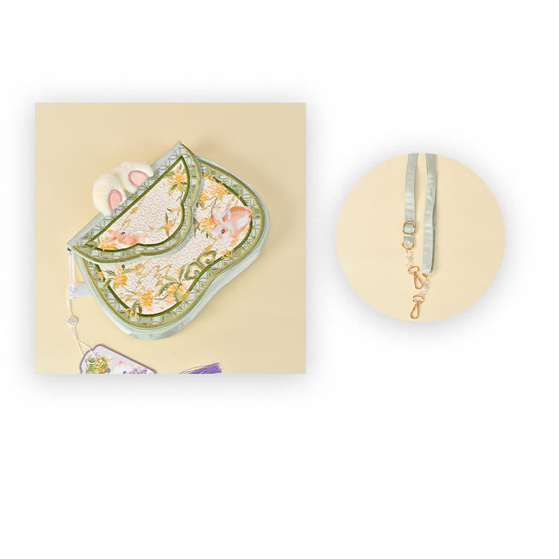 Buddha Stones Osmanthus Rabbit Embroidery Pearl Chain Furball Tassel Shoulder Bag Crossbody Bag - PaleGreen Osmanthus Rabbit Starp 25*18*4cm - image 9