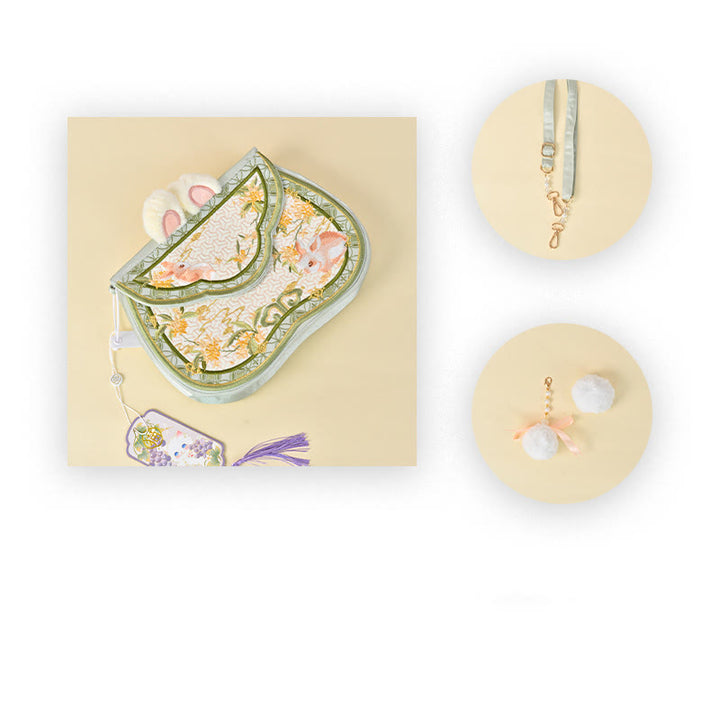 Buddha Stones Osmanthus Rabbit Embroidery Pearl Chain Furball Tassel Shoulder Bag Crossbody Bag - PaleGreen Osmanthus Rabbit Strap Furball 25*18*4cm - image 7