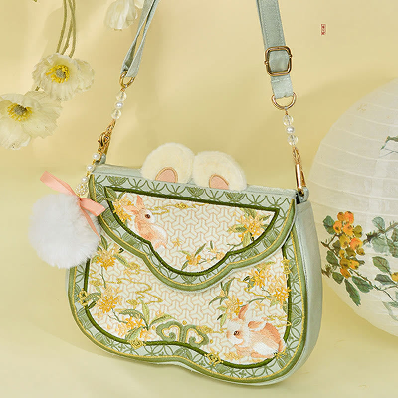 Buddha Stones Osmanthus Rabbit Embroidery Pearl Chain Furball Tassel Shoulder Bag Crossbody Bag - image 1