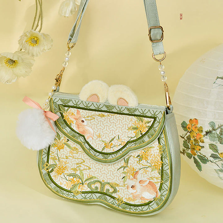 Buddha Stones Osmanthus Rabbit Embroidery Pearl Chain Furball Tassel Shoulder Bag Crossbody Bag - image 1
