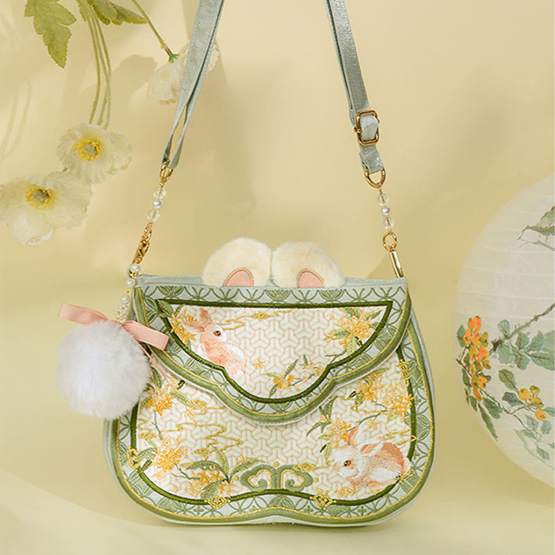 Buddha Stones Osmanthus Rabbit Embroidery Pearl Chain Furball Tassel Shoulder Bag Crossbody Bag - image 2