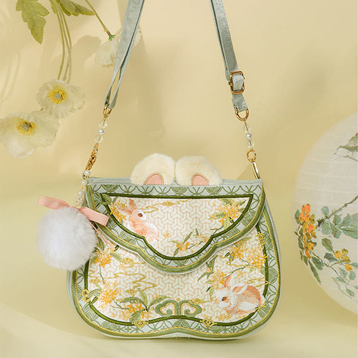 Buddha Stones Osmanthus Rabbit Embroidery Pearl Chain Furball Tassel Shoulder Bag Crossbody Bag - image 2