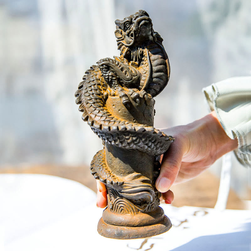 Buddha Stones Handmade Flying Dragon Around The Pillar Iron Powder Rust Cast Resin Statue Home Decoration - image 9