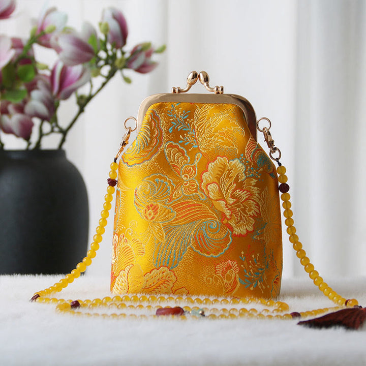 Buddha Stones Retro Chinese Embroidery Pearl Chain Crossbody Bag Shoudler Bag - Gold Flower 14*6*18cm - image 20