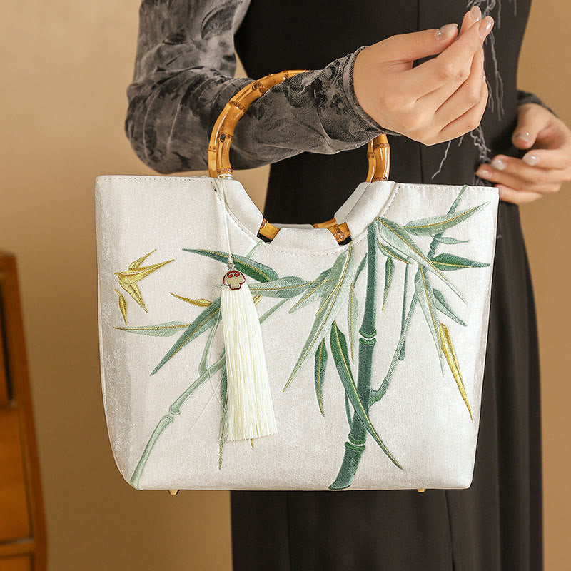 Buddha Stones Embroidery Bamboo Handle Tassel Handbags - image 1