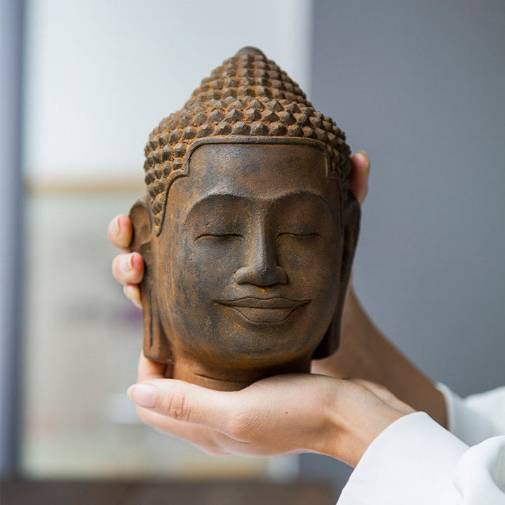 Buddha Stones Closed Eyes Contemplation Meditating Buddha Head Iron Powder Rust Cast Resin Statue Home Decoration - image 4