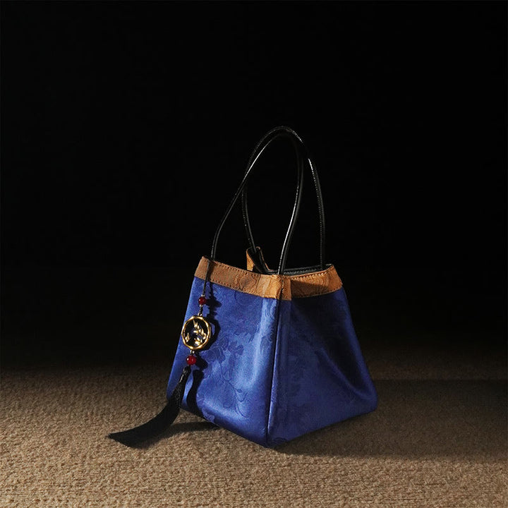 Buddha Stones Plum Flower Bamboo Branches Embroidery Tassel Xiangyunsha Silk Shoulder Bag Hangbags - Blue Branches Leaves 16*16*16cm - image 23