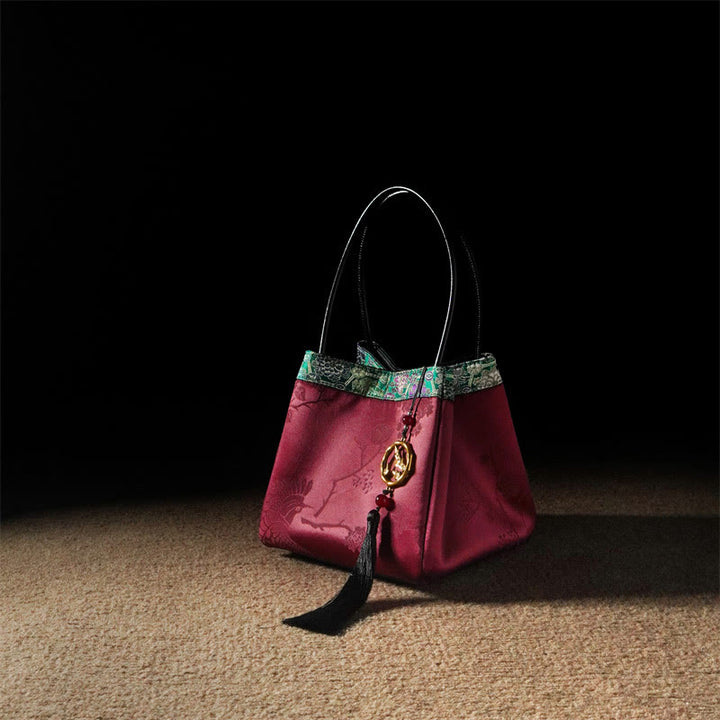 Buddha Stones Plum Flower Bamboo Branches Embroidery Tassel Xiangyunsha Silk Shoulder Bag Hangbags - DeepPink Branches Leaves 16*16*16cm - image 22