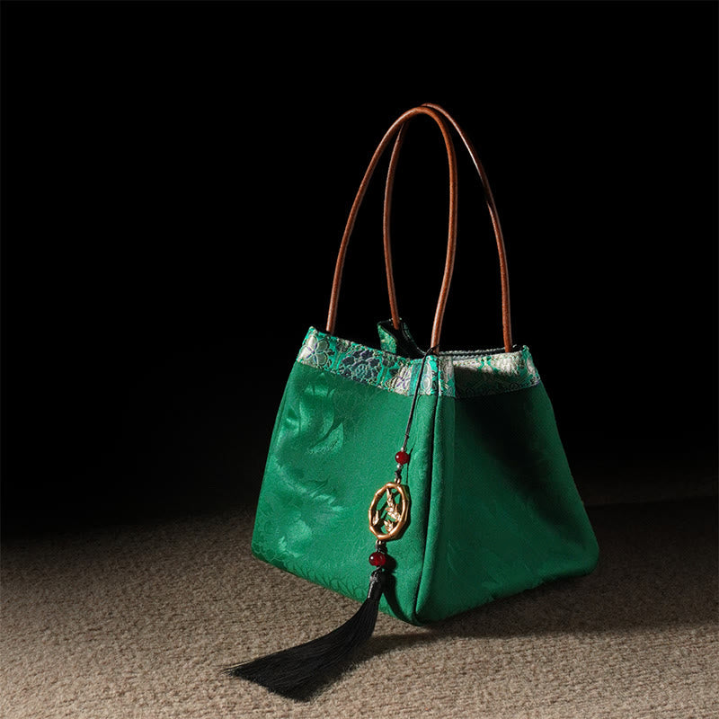 Buddha Stones Plum Flower Bamboo Branches Embroidery Tassel Xiangyunsha Silk Shoulder Bag Hangbags - SpringGreen Leaves 16*16*16cm - image 25