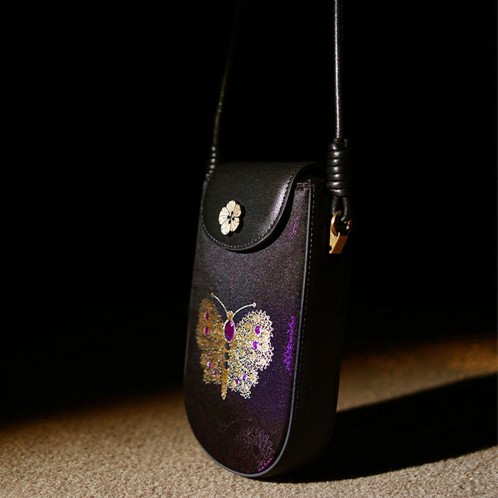 Buddha Stones Retro Flower Butterfly Leaves Branches Song Brocade Shoulder Bag Hangbags - image 4