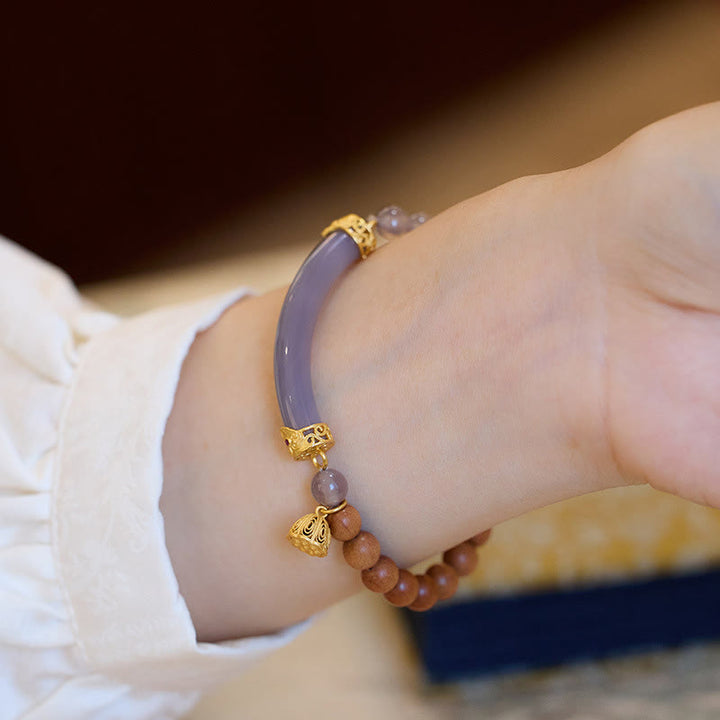 Buddha Stones Sandalwood Gray Agate Chalcedony Cuff Half Bracelet Bangle - image 14