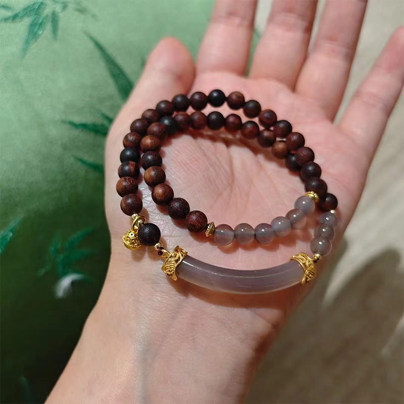 Buddha Stones Sandalwood Gray Agate Chalcedony Cuff Half Bracelet Bangle - Gray Agate Sandalwood Double Wrap(Wrist Circumference: 14-16cm) - image 23