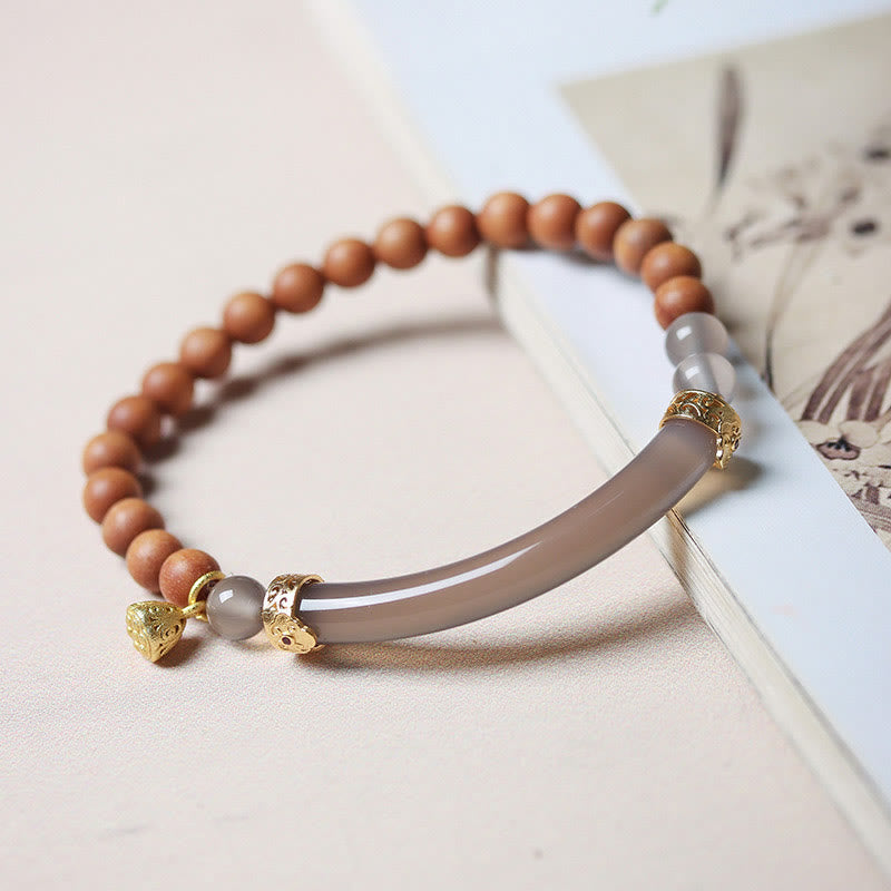 Buddha Stones Sandalwood Gray Agate Chalcedony Cuff Half Bracelet Bangle - Gray Agate Sandalwood(Wrist Circumference: 14-16cm) - image 0