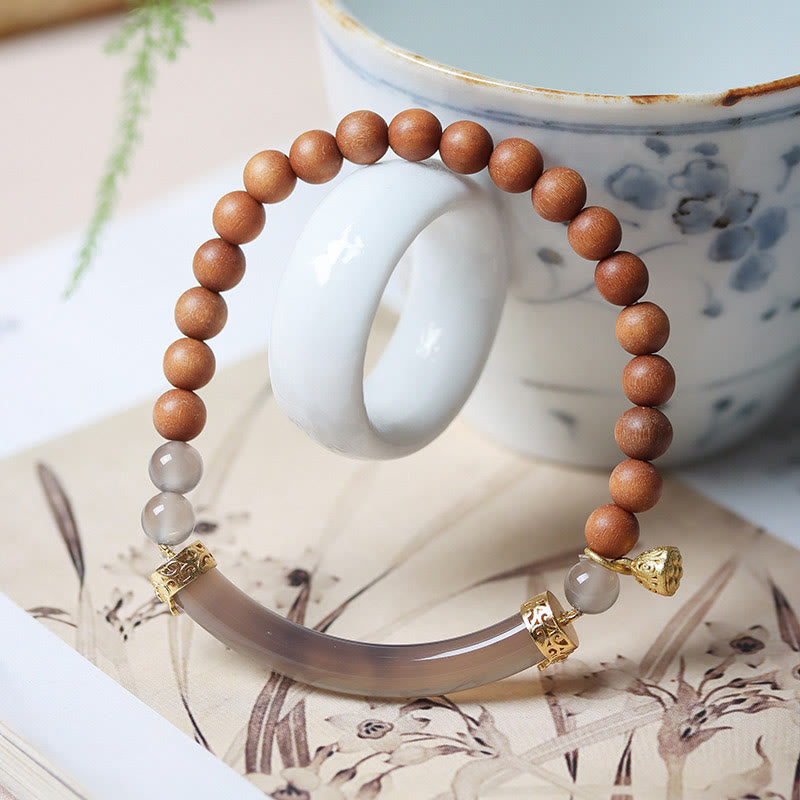 Buddha Stones Sandalwood Gray Agate Chalcedony Cuff Half Bracelet Bangle - image 1