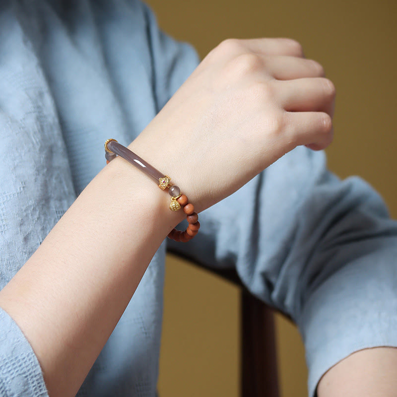 Buddha Stones Sandalwood Gray Agate Chalcedony Cuff Half Bracelet Bangle - image 18