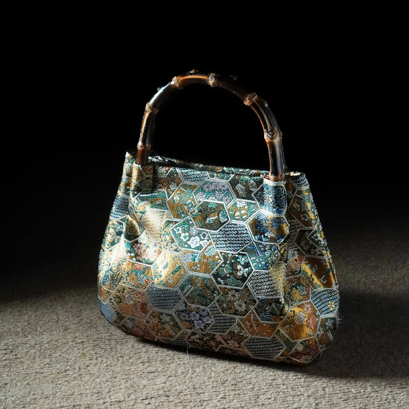 Buddha Stones Jacquard Flowers Butterfly Bamboo Handle Metal Chain Crossbody Bag Hangbags - MediumTurquoise Jacquard 23.5*11*17cm - image 13