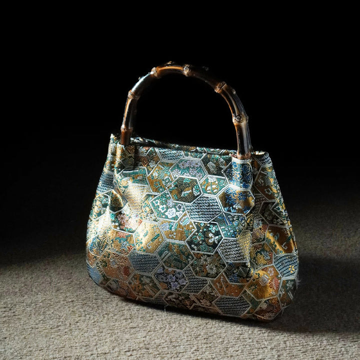 Buddha Stones Jacquard Flowers Butterfly Bamboo Handle Metal Chain Crossbody Bag Hangbags - MediumTurquoise Jacquard 23.5*11*17cm - image 13