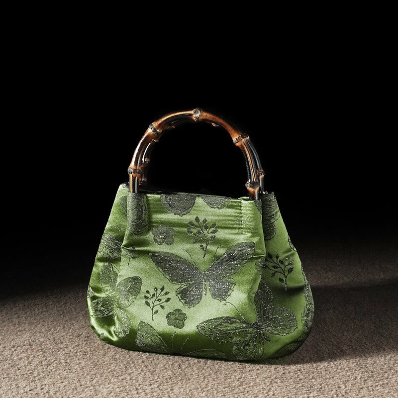 Buddha Stones Jacquard Flowers Butterfly Bamboo Handle Metal Chain Crossbody Bag Hangbags - ForestGreen Butterfly Flower 23.5*11*17cm - image 0