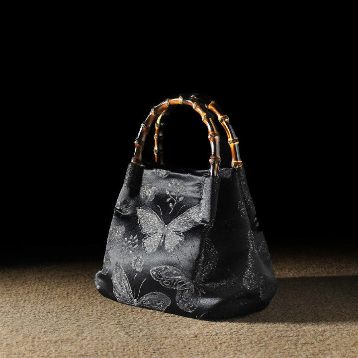 Buddha Stones Jacquard Flowers Butterfly Bamboo Handle Metal Chain Crossbody Bag Hangbags - Black Butterfly Flower 23.5*11*17cm - image 11