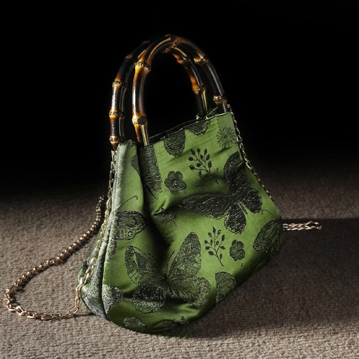 Buddha Stones Jacquard Flowers Butterfly Bamboo Handle Metal Chain Crossbody Bag Hangbags - image 2