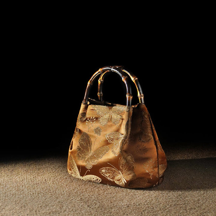 Buddha Stones Jacquard Flowers Butterfly Bamboo Handle Metal Chain Crossbody Bag Hangbags - Orange Butterfly Flower 23.5*11*17cm - image 12