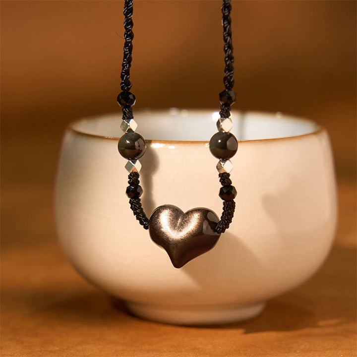 Buddha Stones Natural Silver Sheen Obsidian Heart Protection Necklace Pendant - image 2