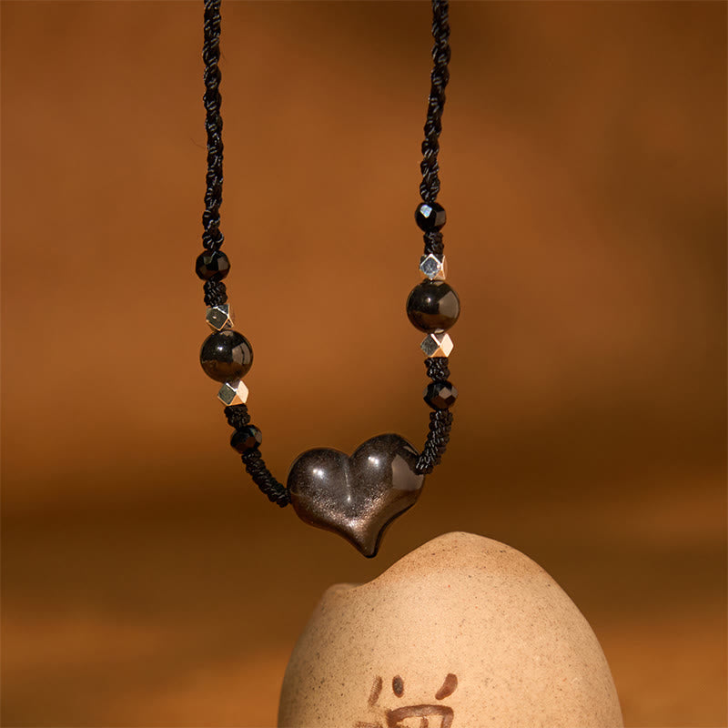 Buddha Stones Natural Silver Sheen Obsidian Heart Protection Necklace Pendant - image 5