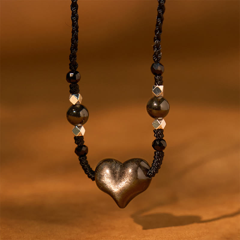 Buddha Stones Natural Silver Sheen Obsidian Heart Protection Necklace Pendant - Silver Sheen Obsidian Heart - image 0