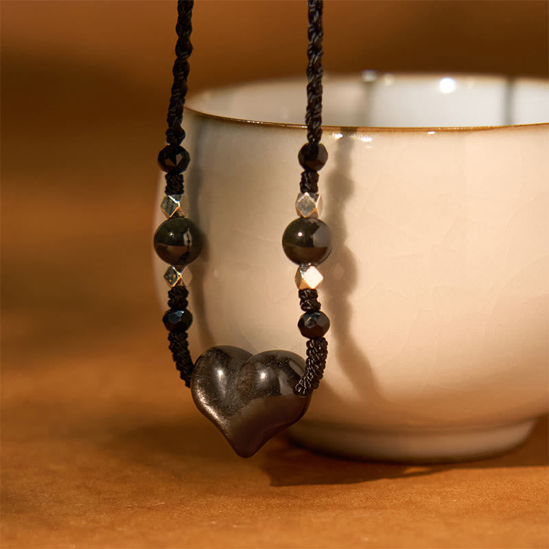 Buddha Stones Natural Silver Sheen Obsidian Heart Protection Necklace Pendant - image 3