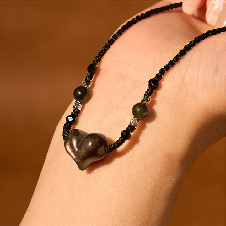 Buddha Stones Natural Silver Sheen Obsidian Heart Protection Necklace Pendant - image 4
