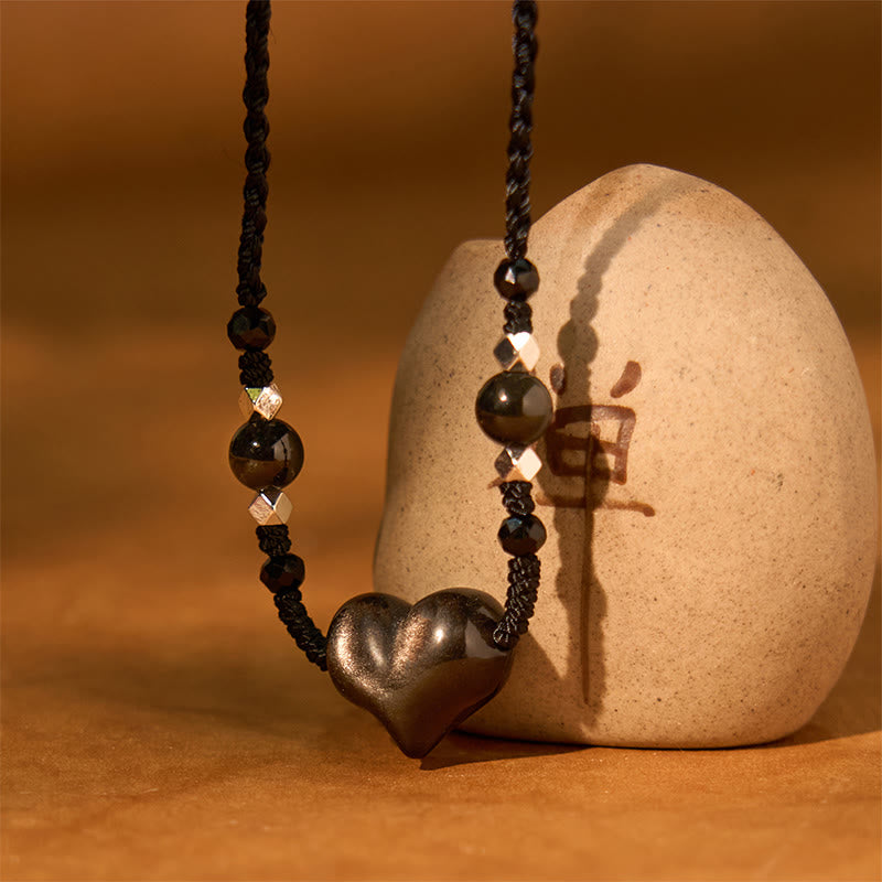 Buddha Stones Natural Silver Sheen Obsidian Heart Protection Necklace Pendant - image 1