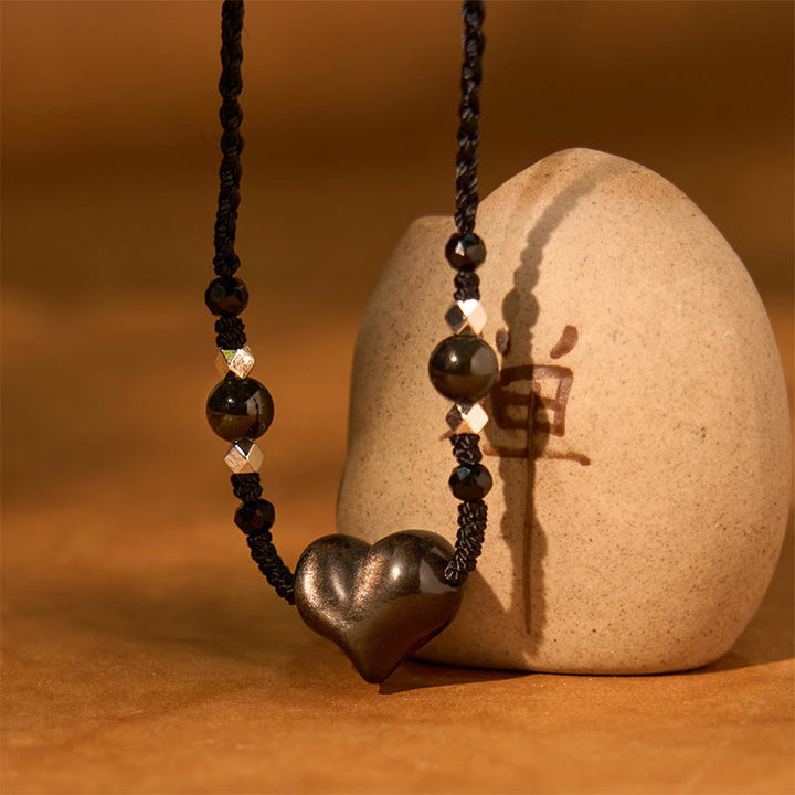 Buddha Stones Natural Silver Sheen Obsidian Heart Protection Necklace Pendant - image 1