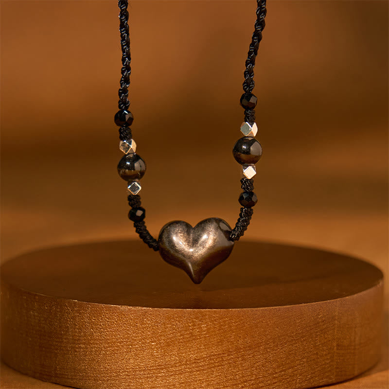 Buddha Stones Natural Silver Sheen Obsidian Heart Protection Necklace Pendant - image 6