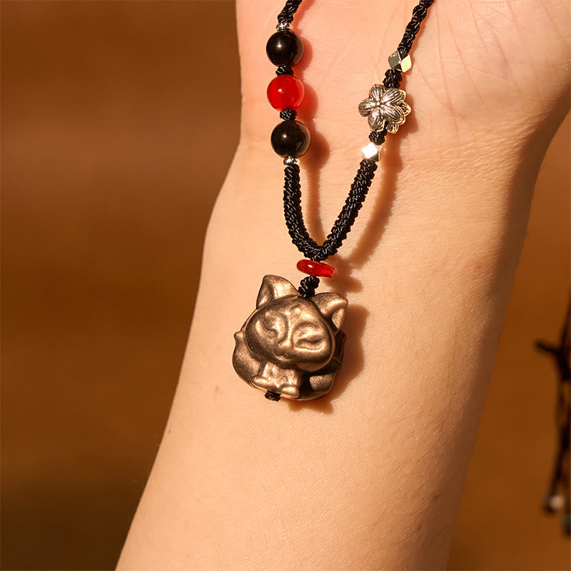 Buddha Stones Natural Silver Sheen Obsidian Nine Tailed Fox Protection Necklace Pendant - image 4