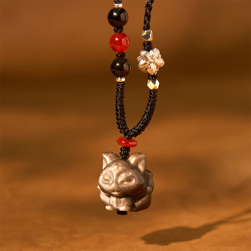 Buddha Stones Natural Silver Sheen Obsidian Nine Tailed Fox Protection Necklace Pendant - image 3