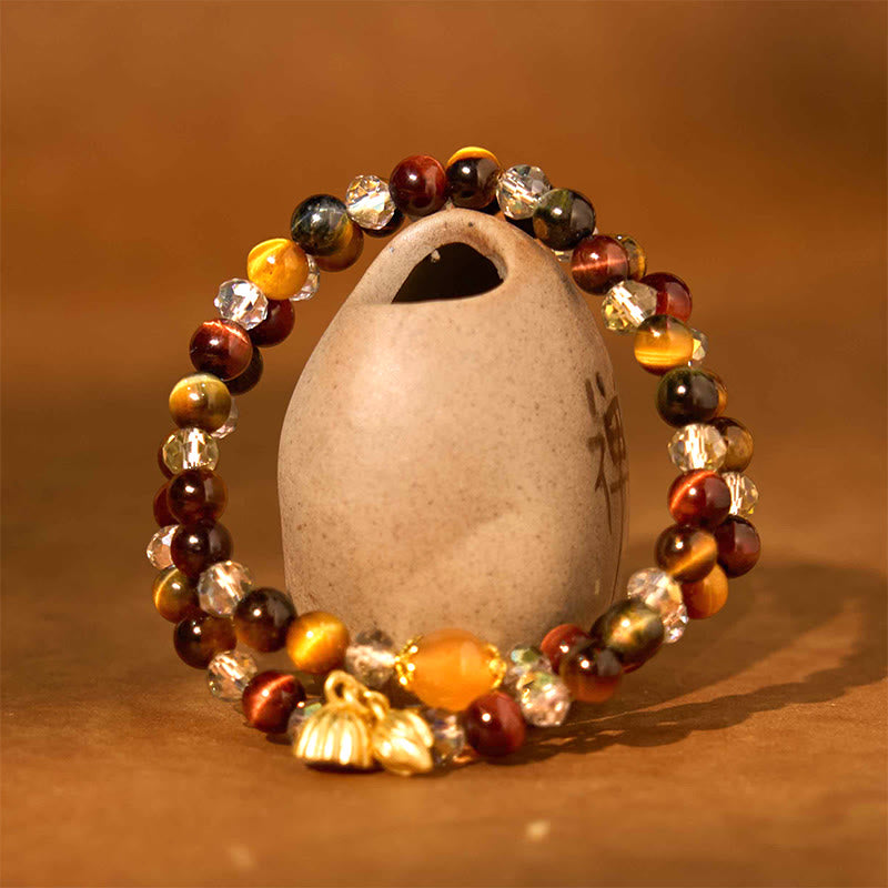 Buddha Stones Colorful Tiger Eye Lotus Multi-circle Elastic Rope Protection Bracelet - image 1